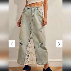 BDG Mindy Distressed Denim Maxi Skirt with Lace Insert S